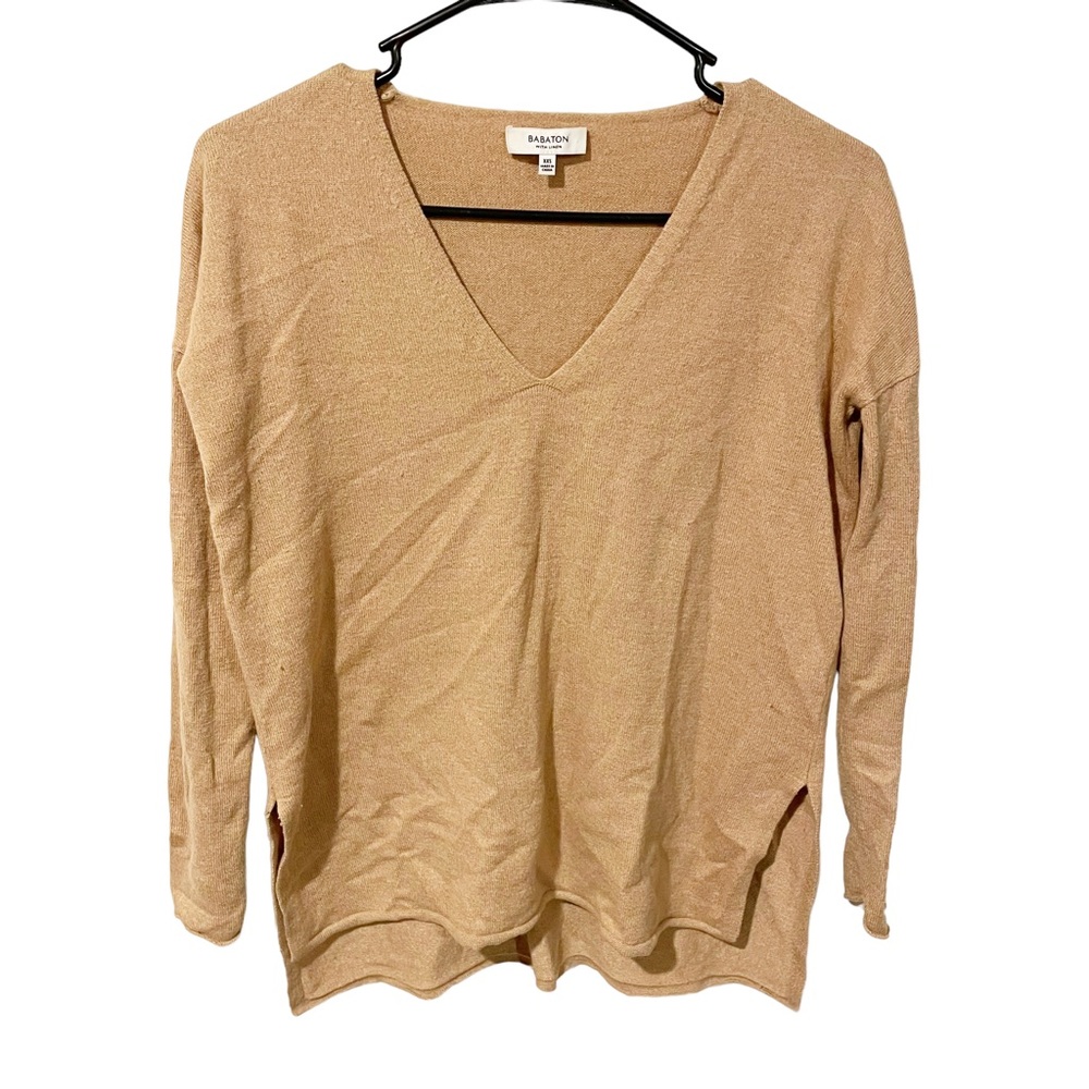 BABATON Womens Size XXS Light‎ Brown V Neck Long Sleeve Thin Knit Tunic Sweater